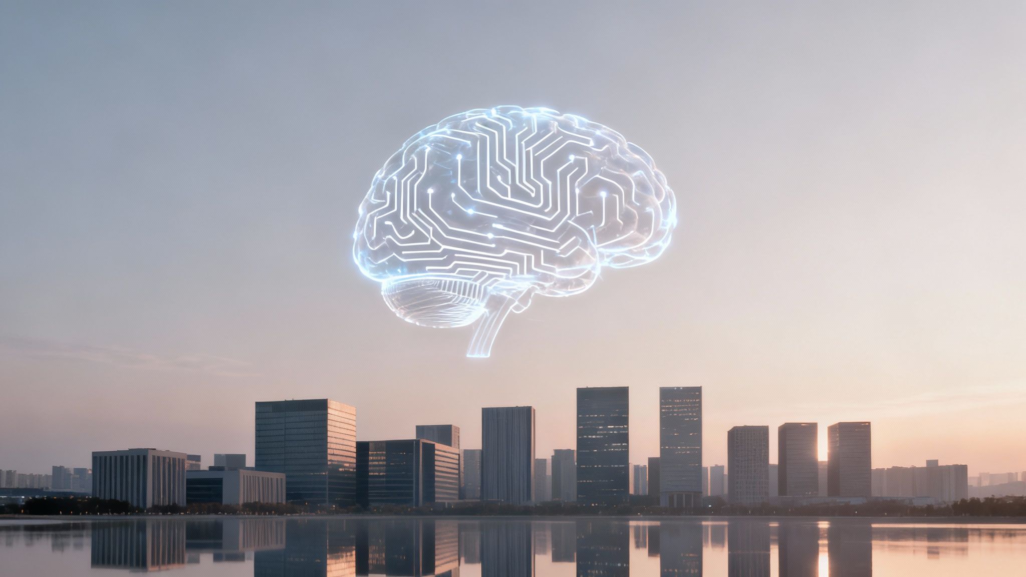 A glowing digital brain with circuit patterns floats above a modern city skyline at sunset.