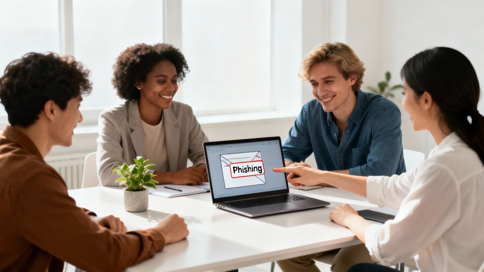 Four diverse smiling colleagues discuss online security and phishing threats on a laptop in an office.