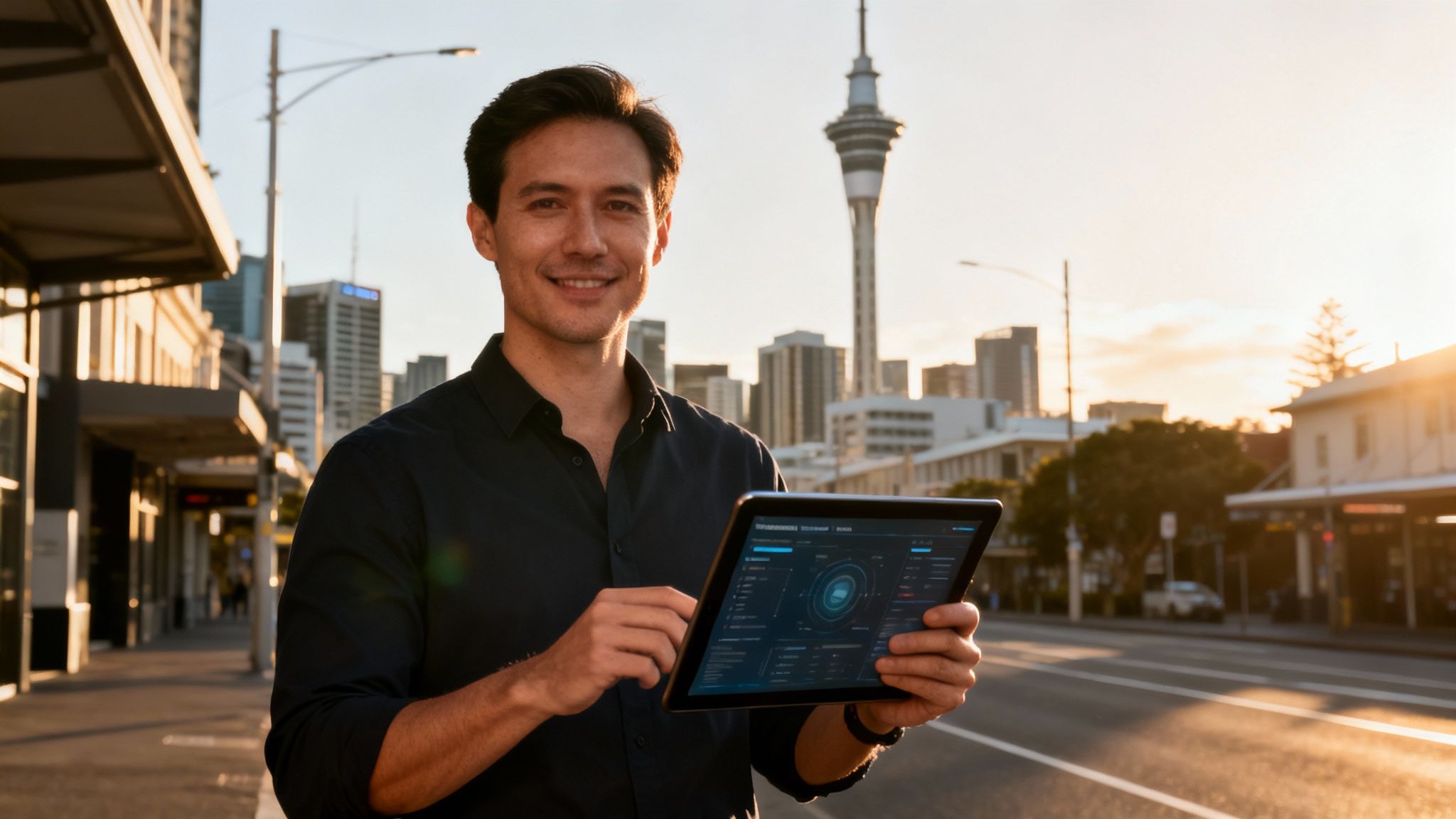Smiling man holds a tablet displaying data visuals on a city street with a skyline.