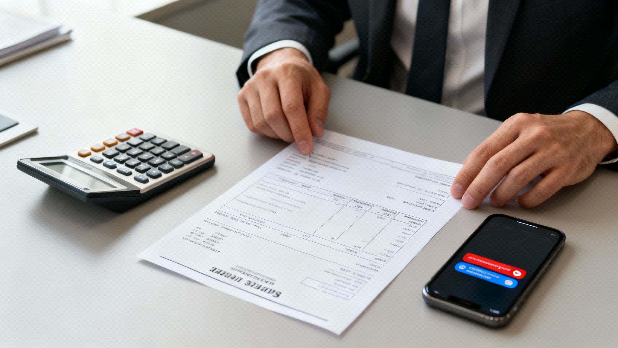 Businessman's hands review a financial document on a desk with a calculator and smartphone.