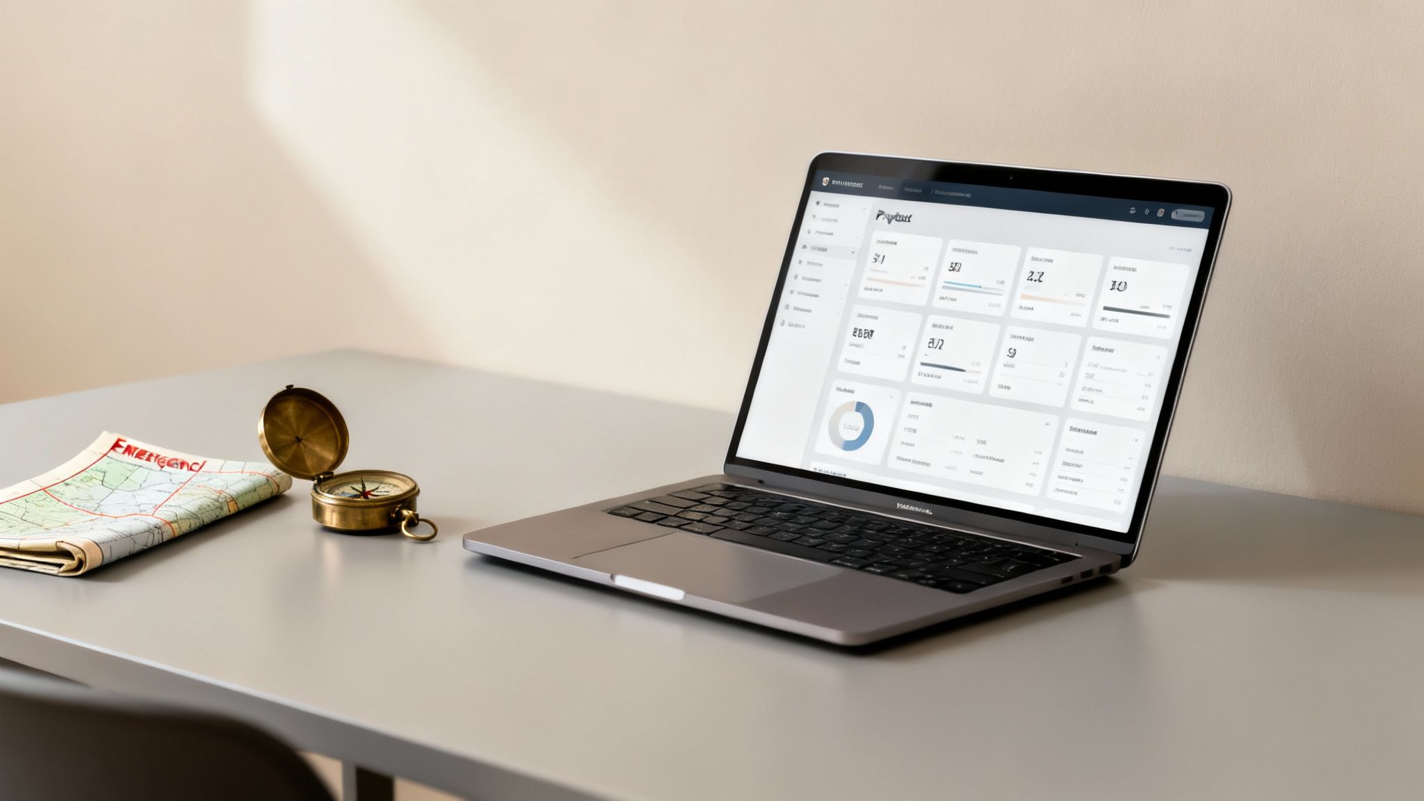 A modern laptop displaying a business dashboard, alongside a map and compass for strategic planning.