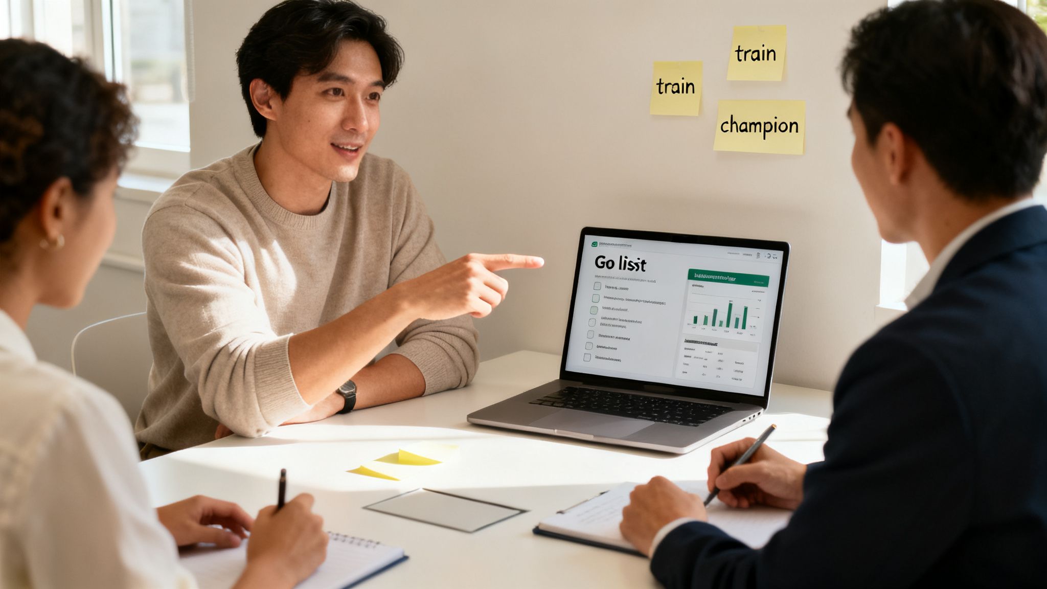 Three colleagues collaborating in a sunny office, reviewing data on a laptop and taking notes.