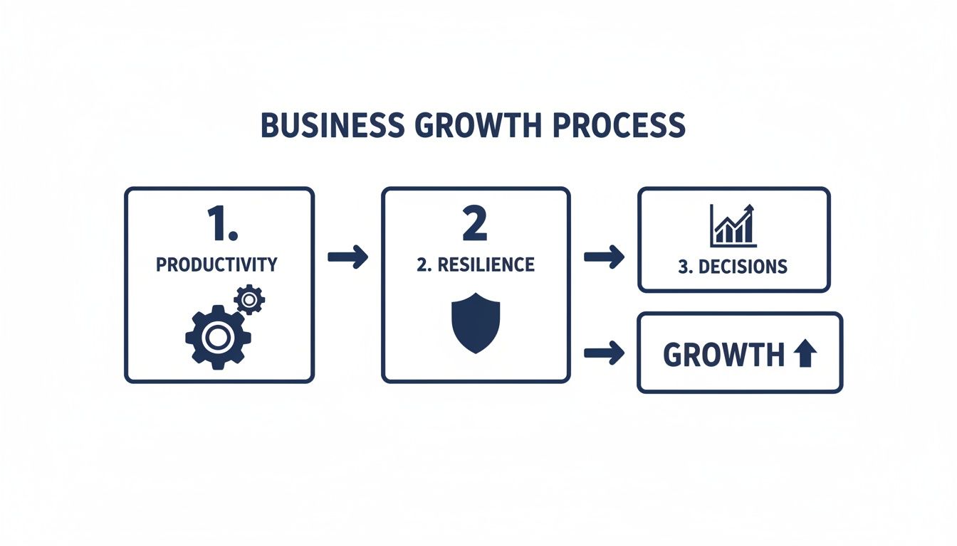 A clear flowchart illustrating the business growth process, from productivity and resilience leading to decisions and ultimate growth.