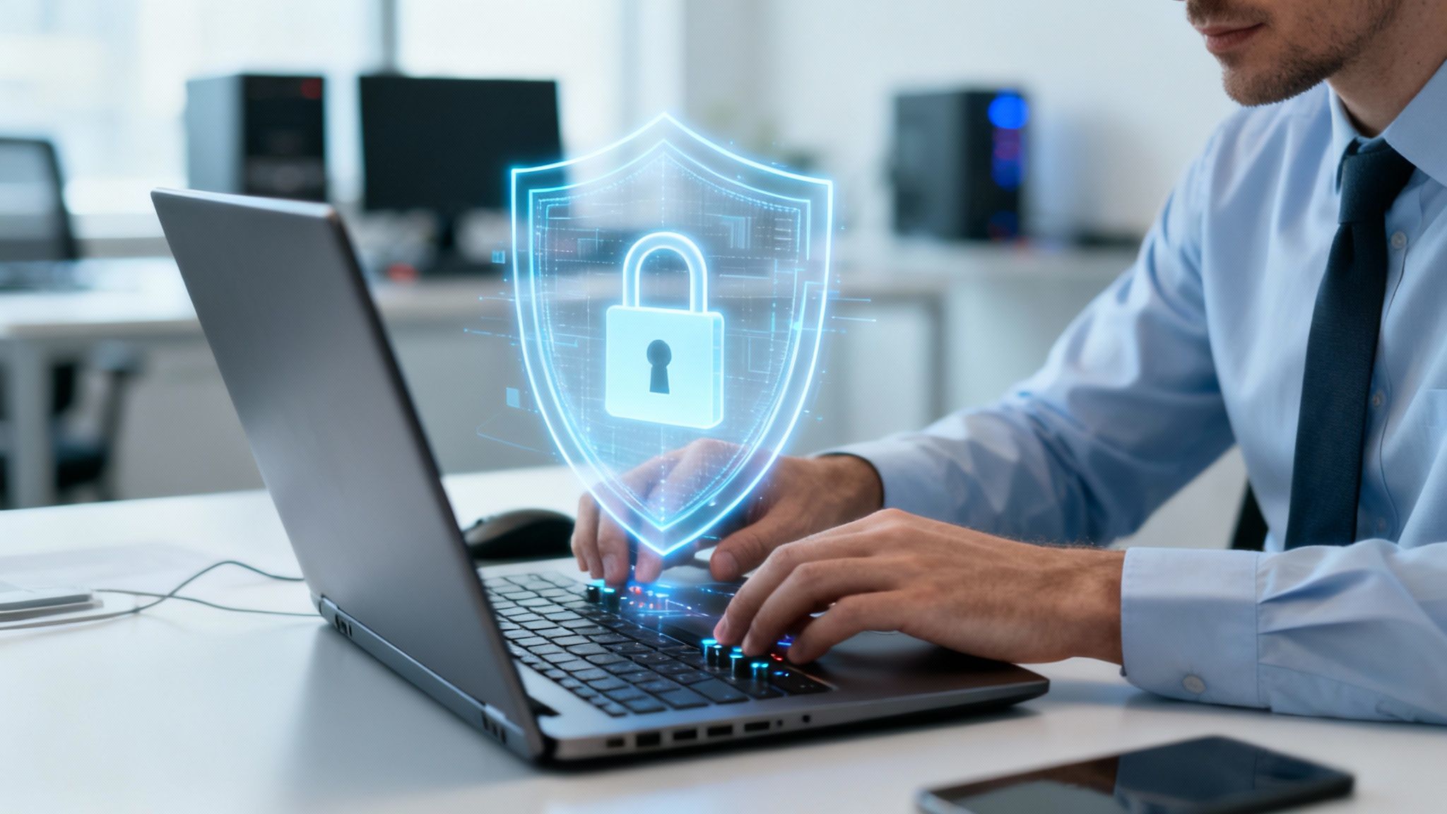 Man typing on a laptop with a digital security shield and padlock, representing data protection in an office.