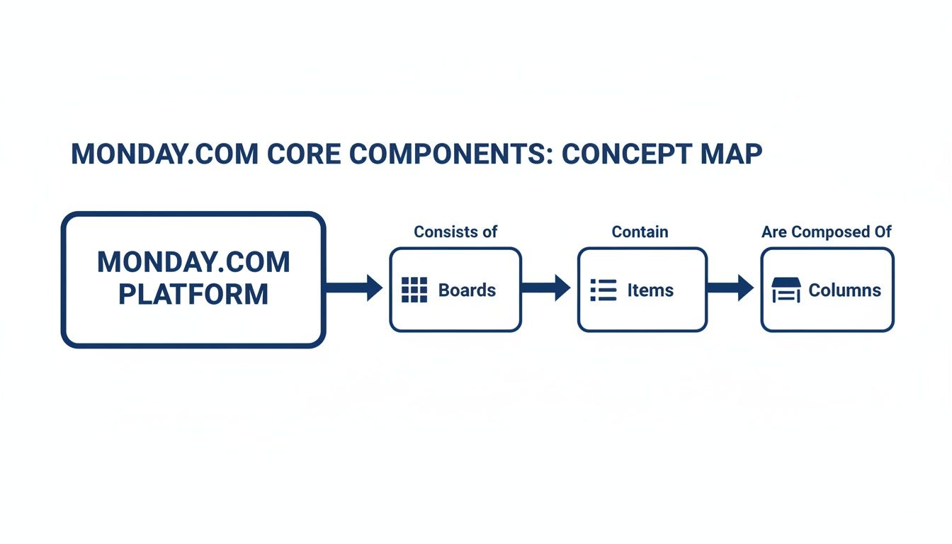A concept map showing Monday.com platform components: Boards, Items, and Columns, with their relationships.