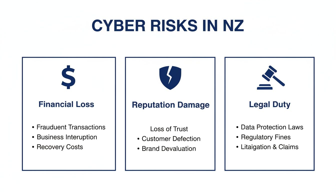 Infographic illustrating key cyber risks in New Zealand: financial loss, reputation damage, and legal duties.