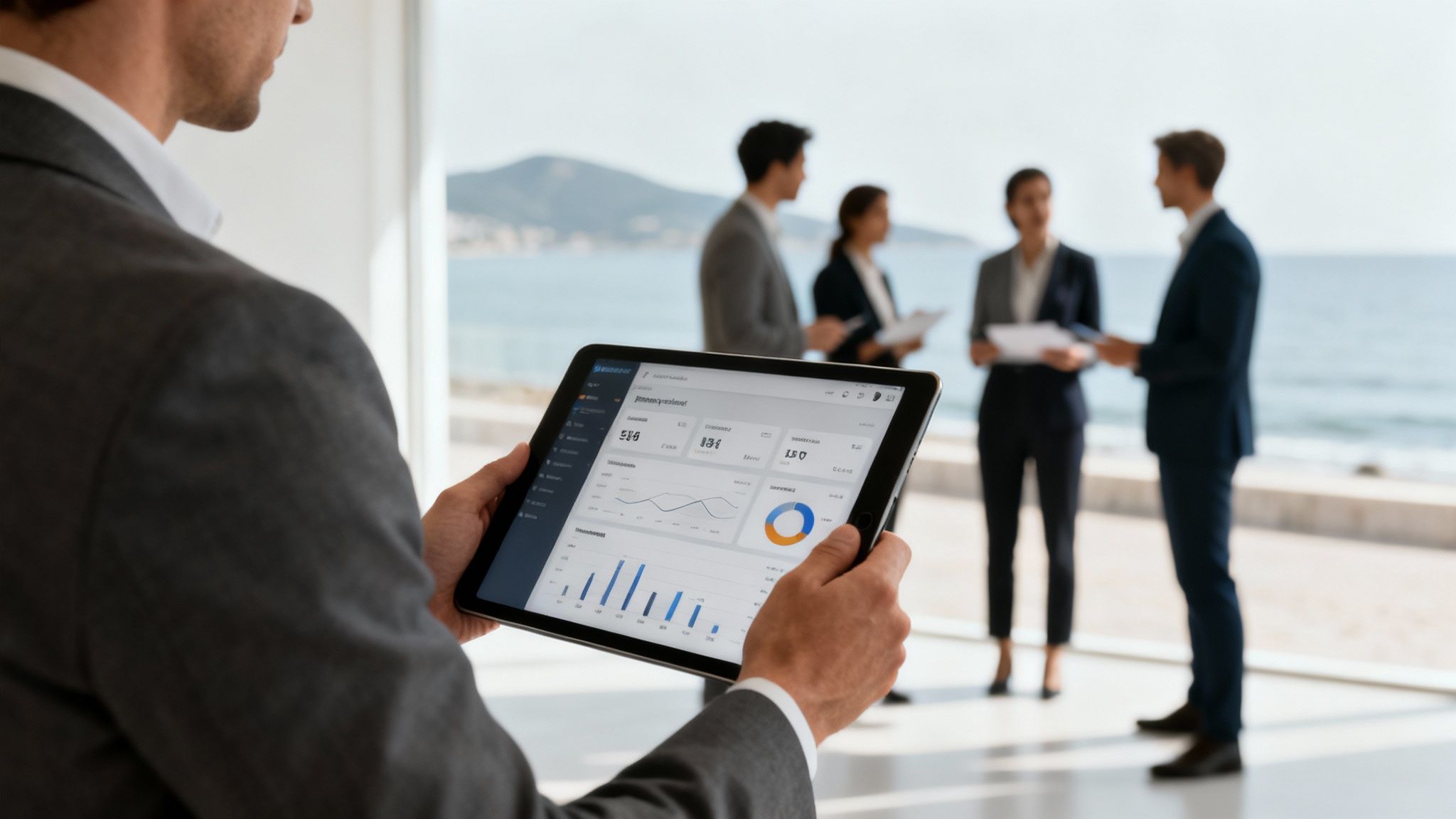 A man holds a tablet displaying business analytics, with colleagues conversing in a modern office overlooking the sea.