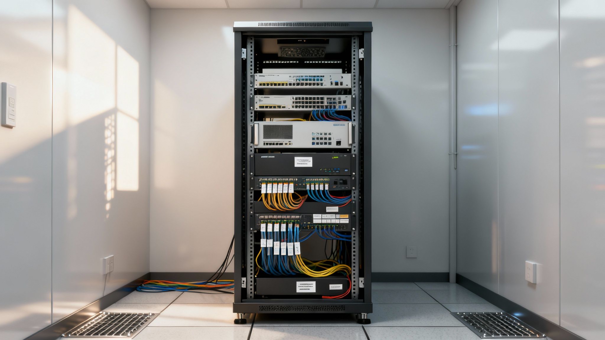 An organized computer server rack filled with network equipment and colorful cables in a modern server room.