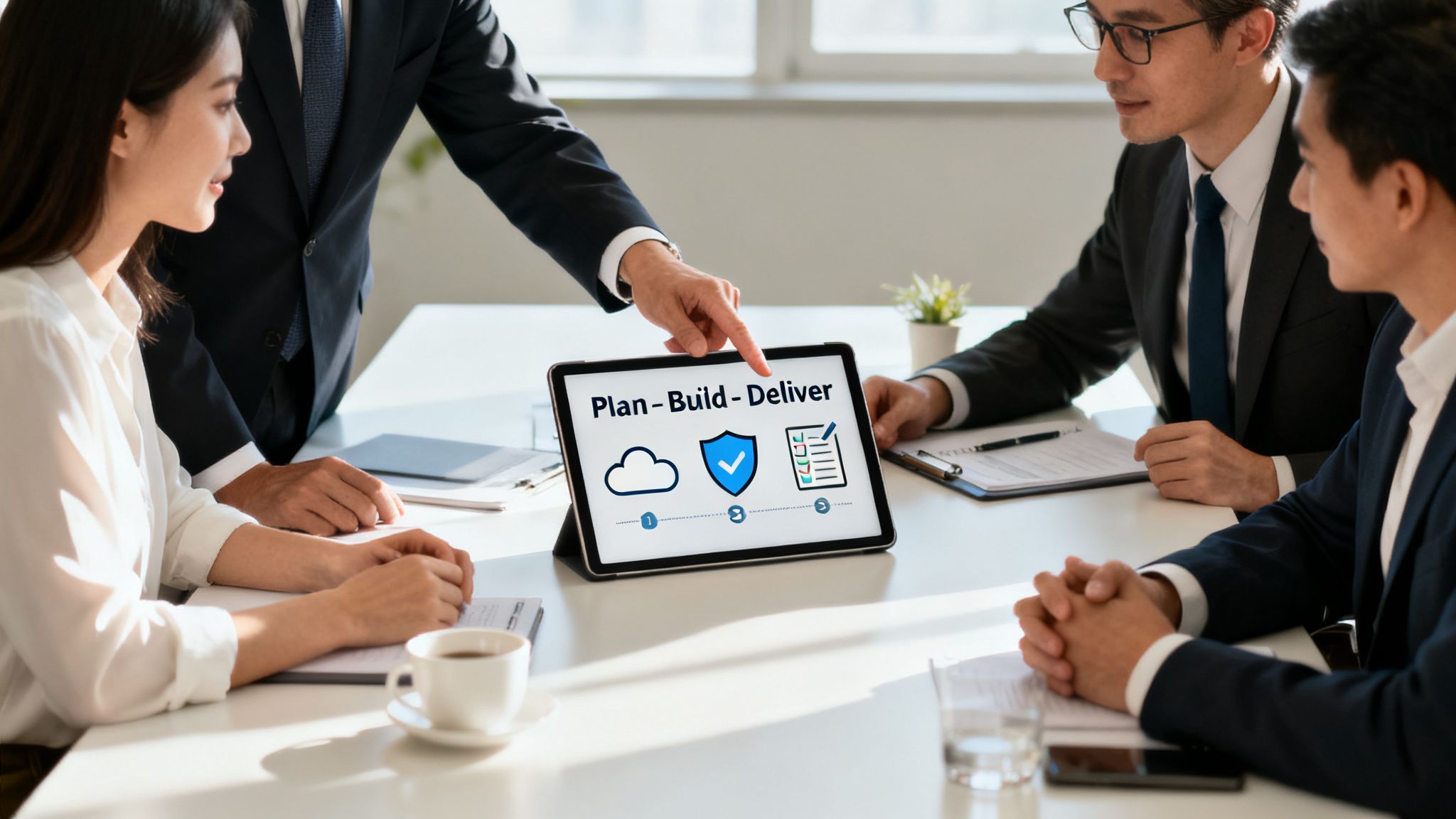 Business professionals discuss strategy, looking at a tablet showing 'Plan-Build-Deliver' process with icons.
