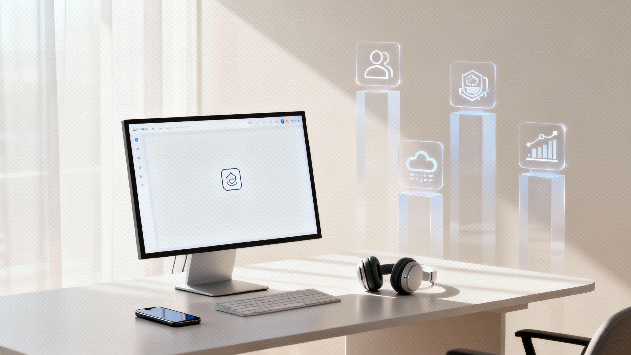 A modern office desk with a computer, smartphone, headphones, and glowing tech icons representing data and security.