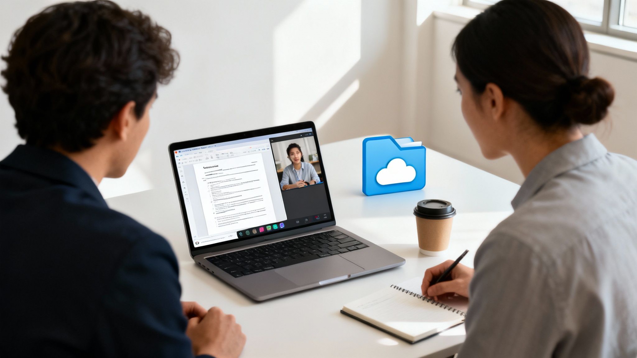 Diverse professionals collaborate remotely on a document via laptop video call, cloud storage visible.