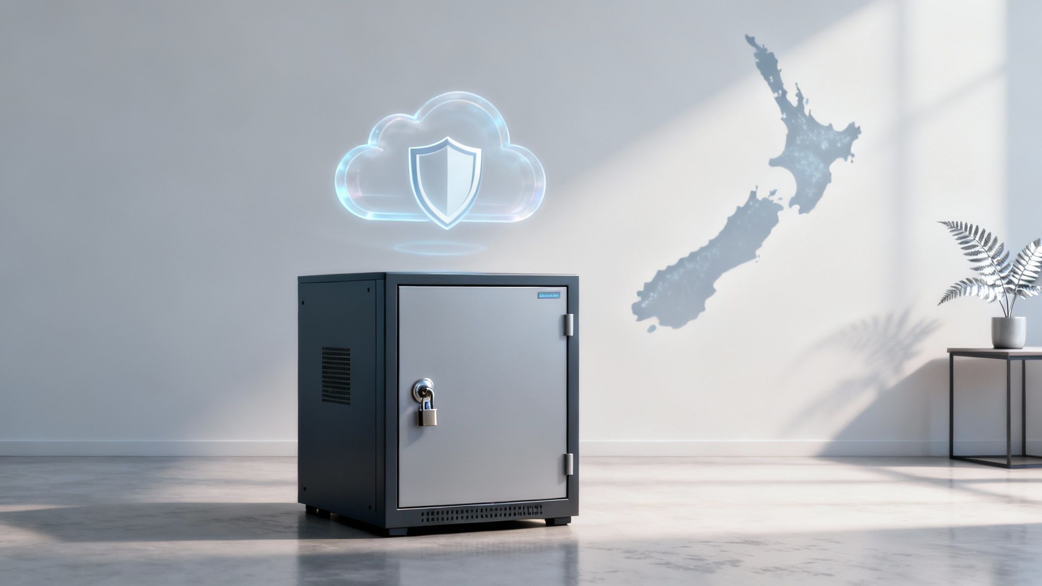 A secure data storage safe under a glowing cloud with a shield, representing protected cloud IT services in New Zealand.