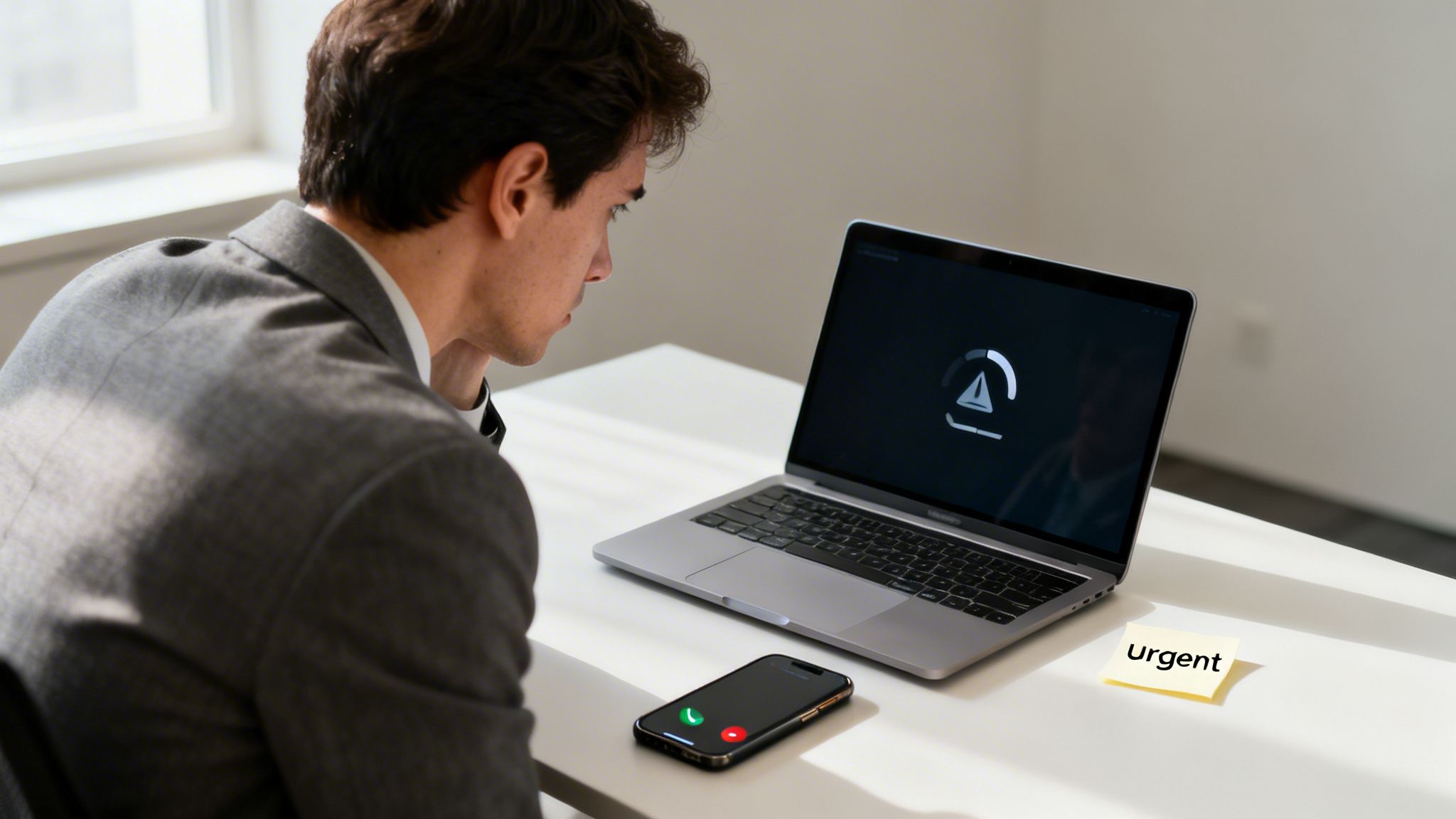 A man in a suit looks intently at a laptop displaying an error, while a phone rings and an "urgent" sticky note rests on the desk.