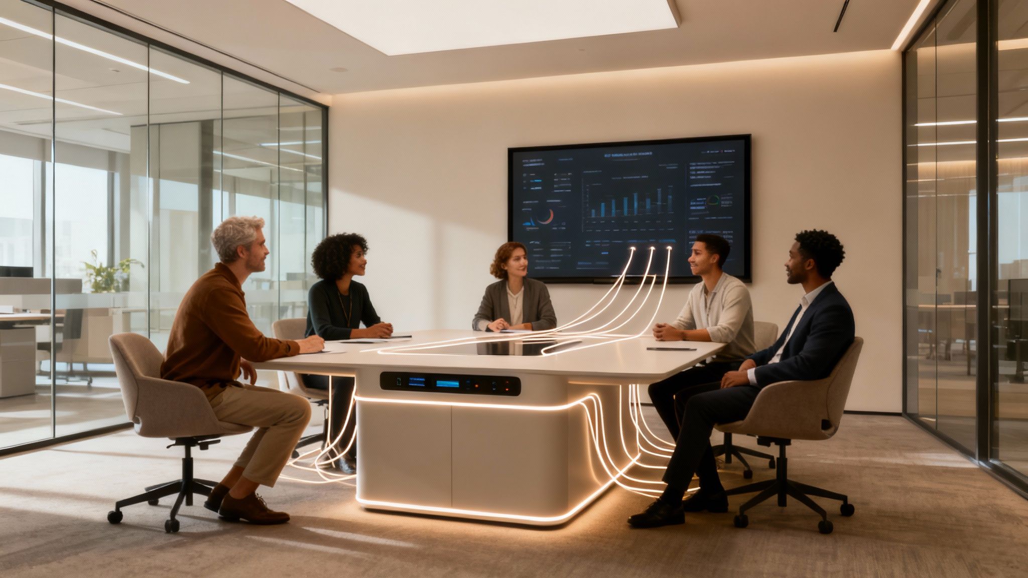 Diverse professionals collaborate around a futuristic smart table with glowing connections in a modern meeting room.