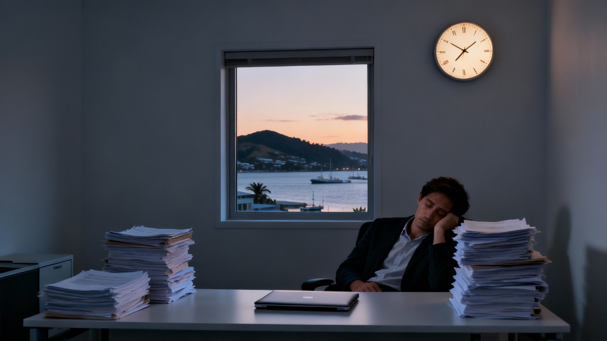 An exhausted businessman sleeps at his desk, surrounded by huge piles of papers, at dusk.