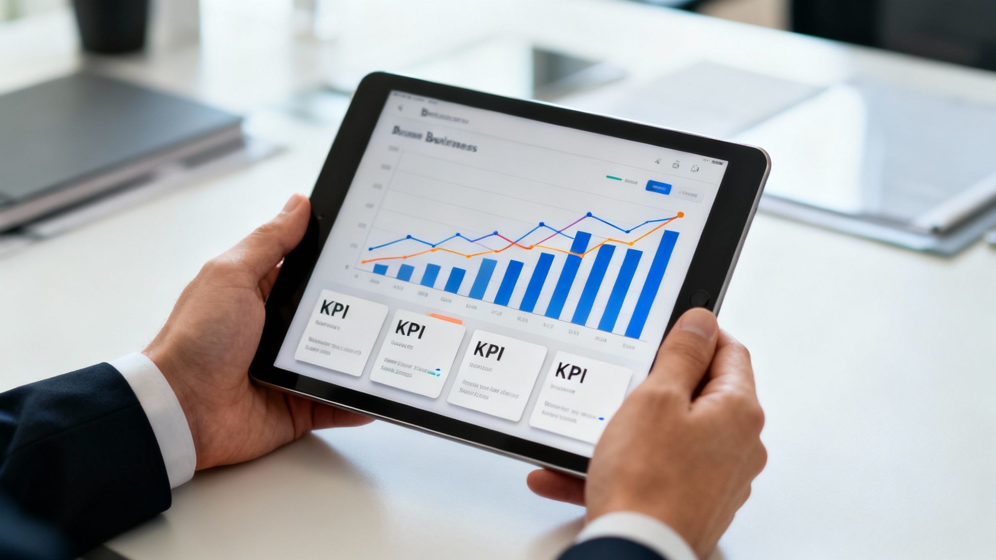 A person in a suit holds a tablet displaying business intelligence dashboards with graphs and KPIs.