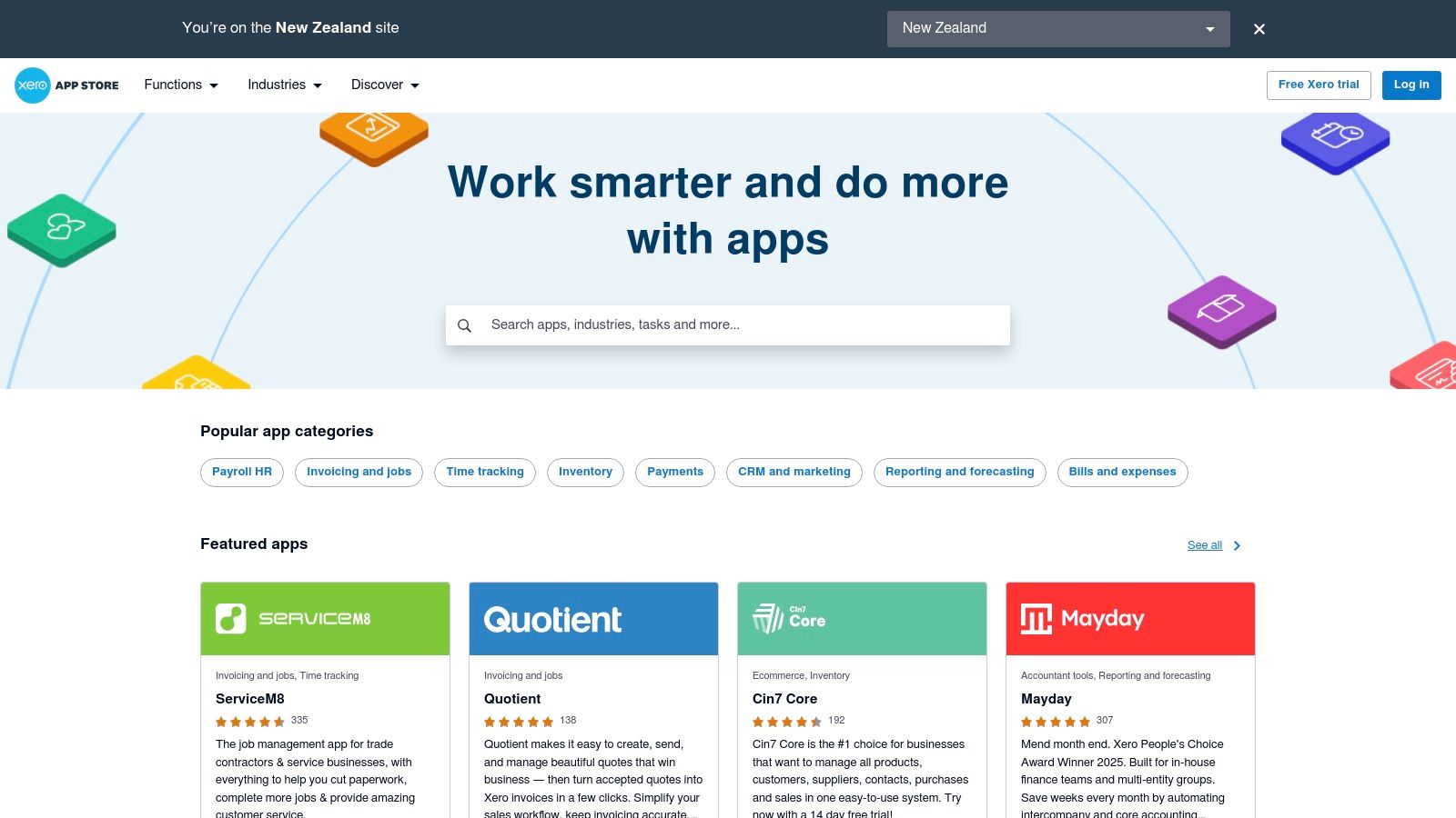 A screenshot of the Xero App Store (NZ) homepage showcasing various app categories and integrations