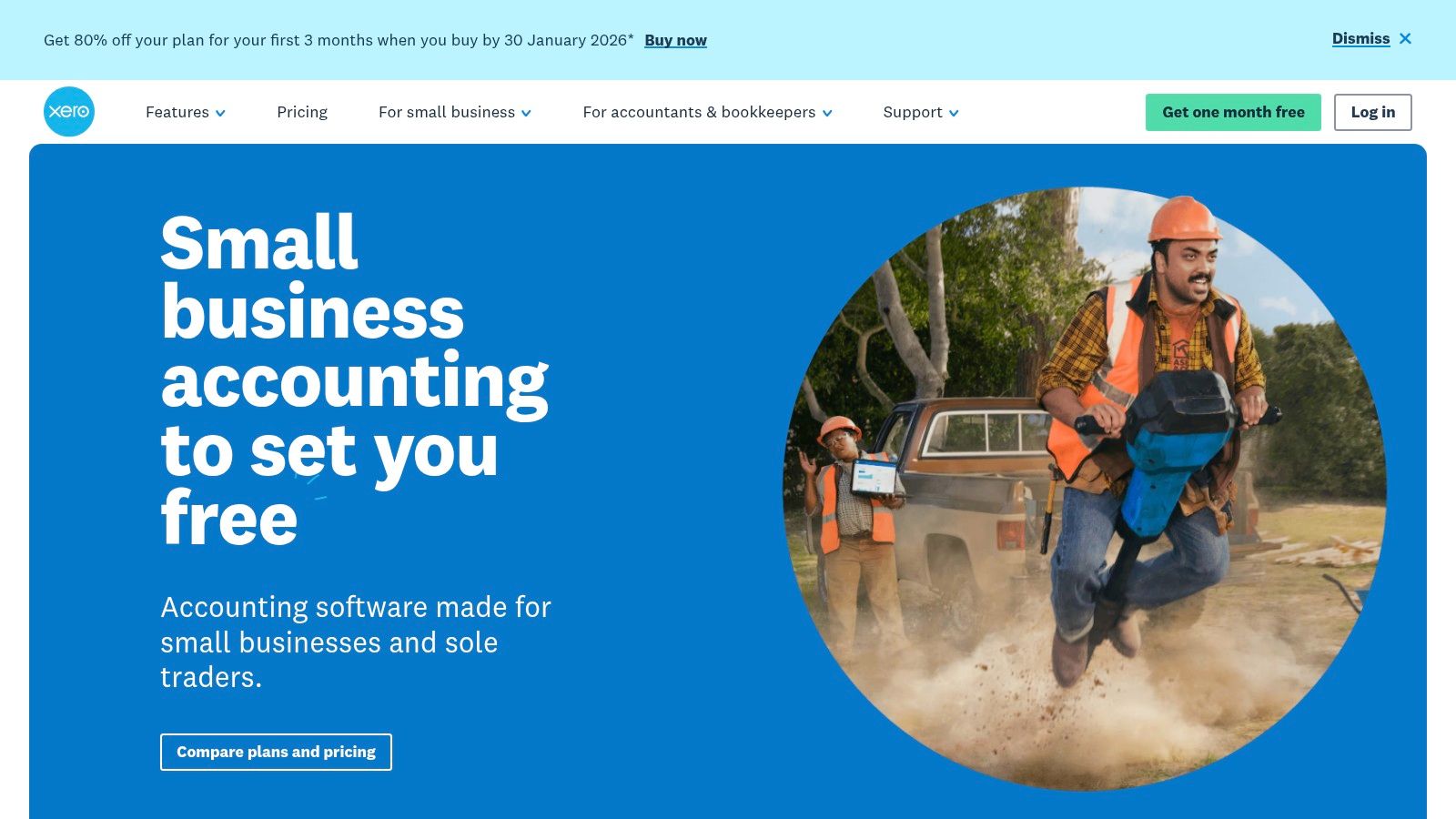 A construction worker using a tablet on a job site, representing Xero's mobile capabilities for small businesses