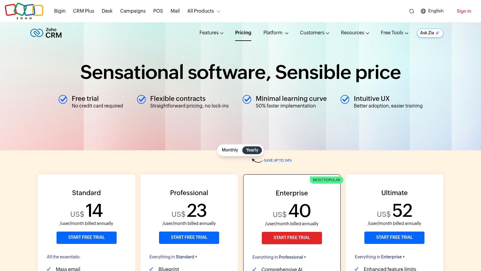 Zoho CRM pricing tiers and features