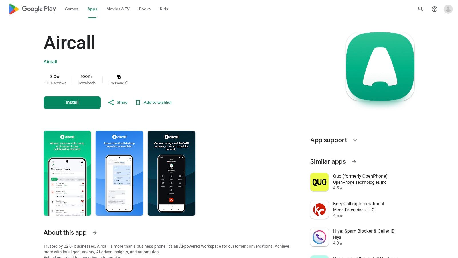 Google Play — Aircall mobile app (Android)