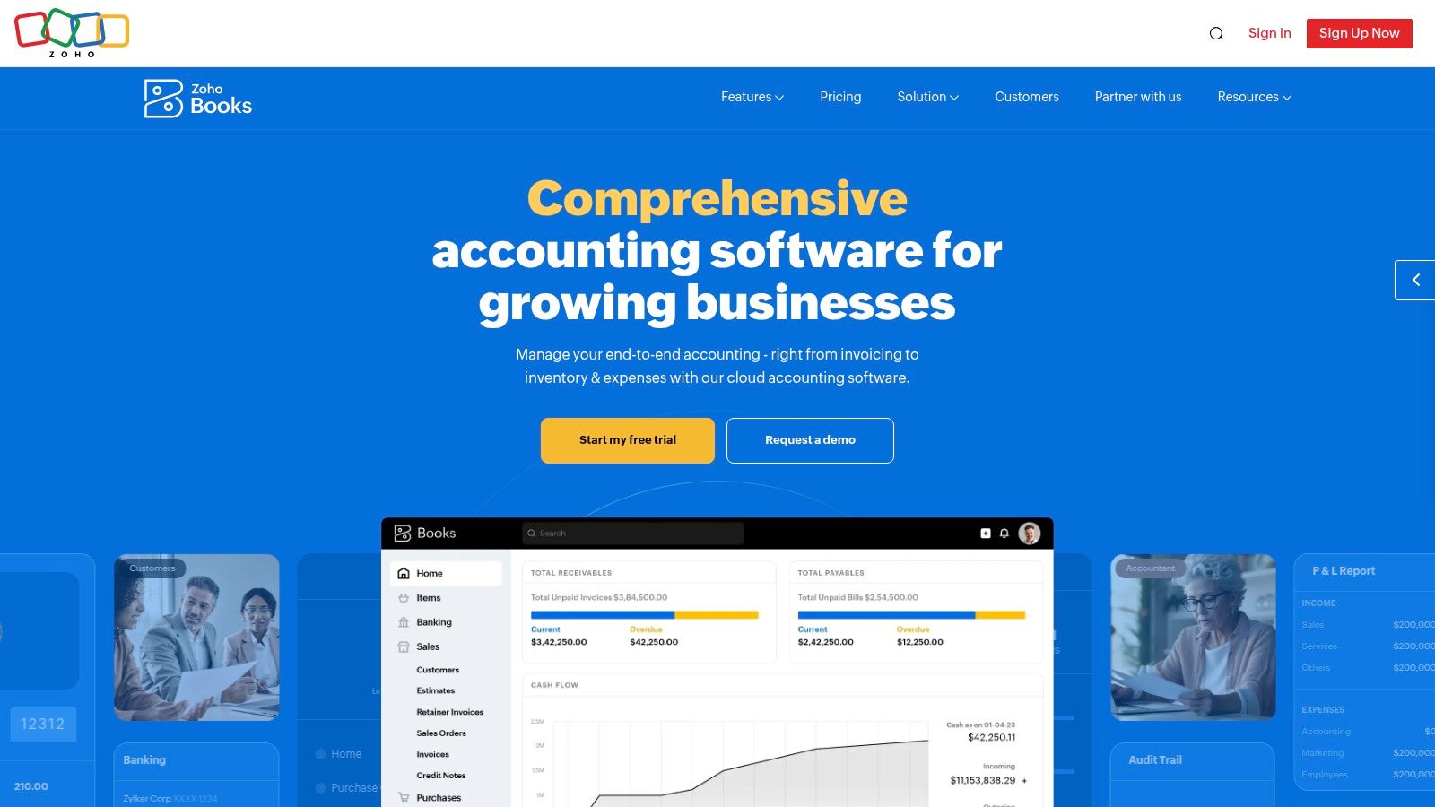 Zoho Books dashboard showing financial summaries and charts, representing its comprehensive features for small businesses