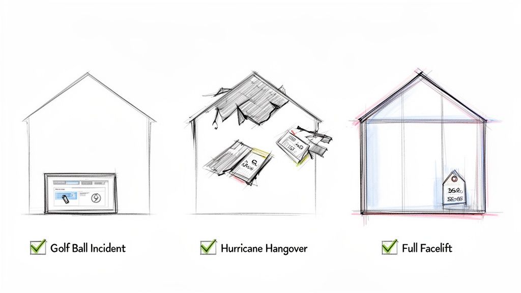 Three sketch illustrations of houses showing different home repair and renovation scenarios.