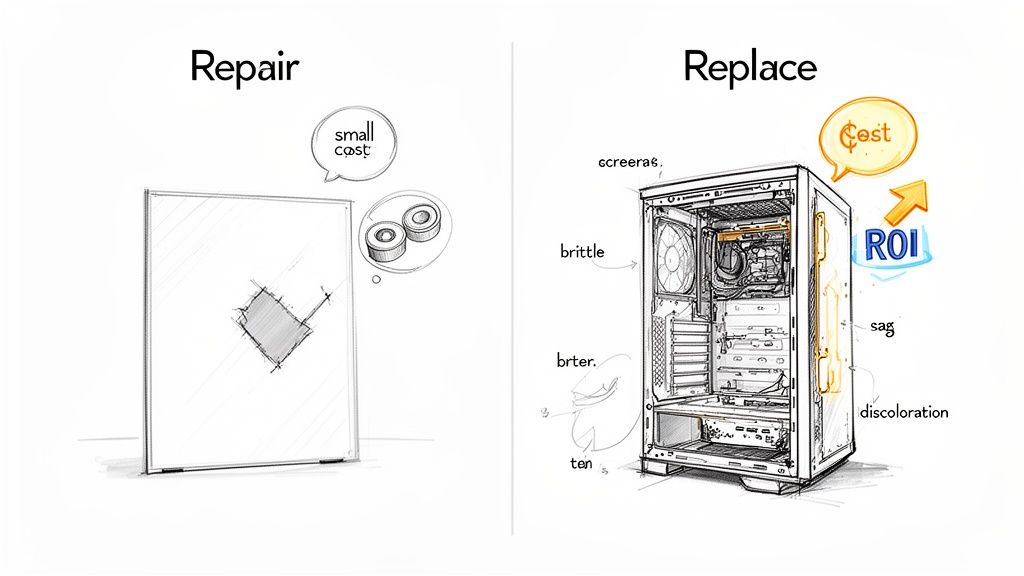 Illustration comparing minor repair cost for a panel to higher cost and issues of replacing a computer.