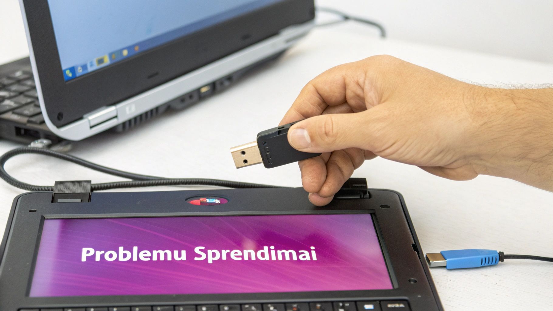 Žmogus sprendžia problemą su SD kortelių skaitytuvu