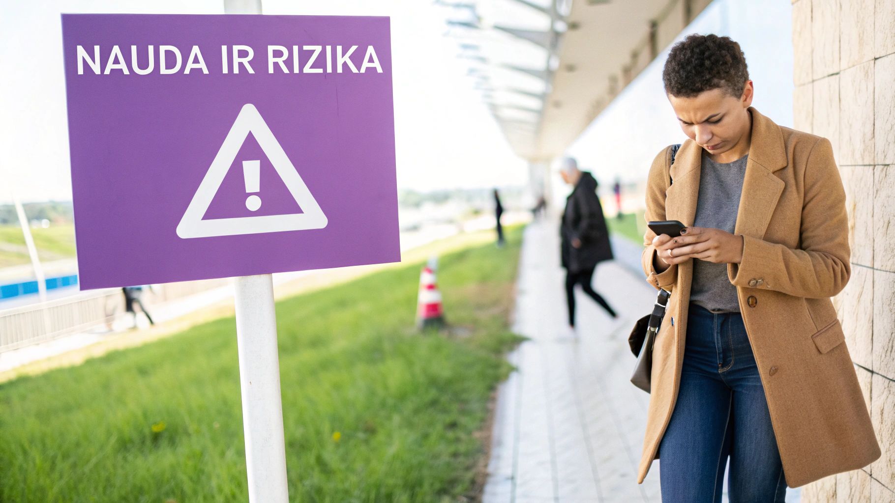 Moteris skaito telefone pranešimą apie naują grėsmę ir riziką prie įspėjamojo ženklo