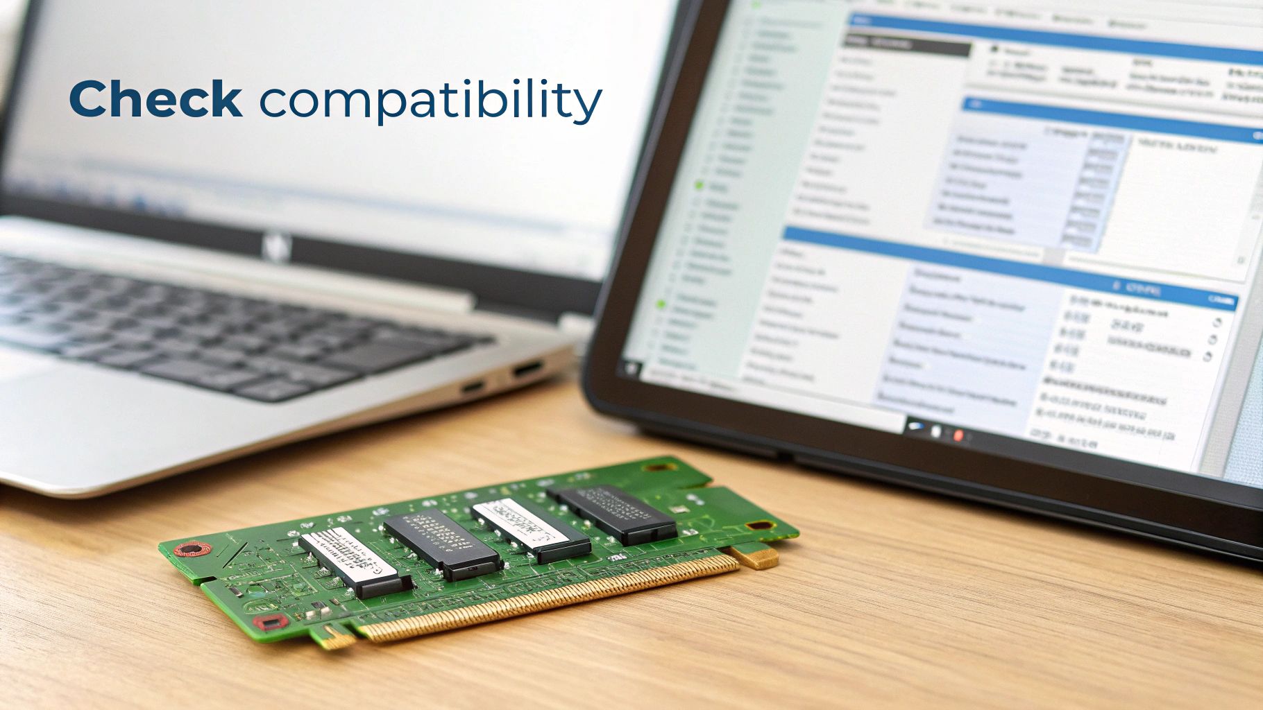 Laptop and tablet on a wooden desk, with a DDR4 RAM module, displaying 'Check compatibility'.