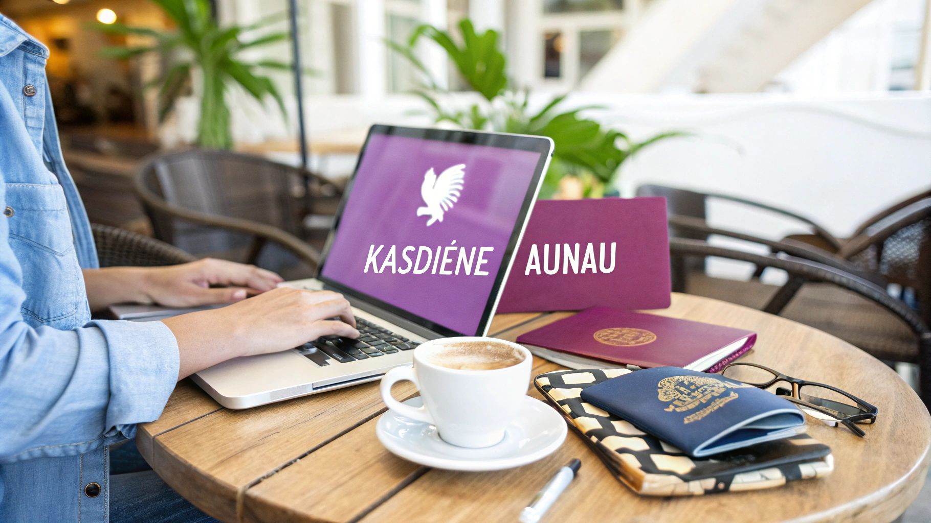 Moteris dirba su nešiojamu kompiuteriu, šalia pasų ir kavinės puodelio, planuoja kasdienius kelionės reikalus