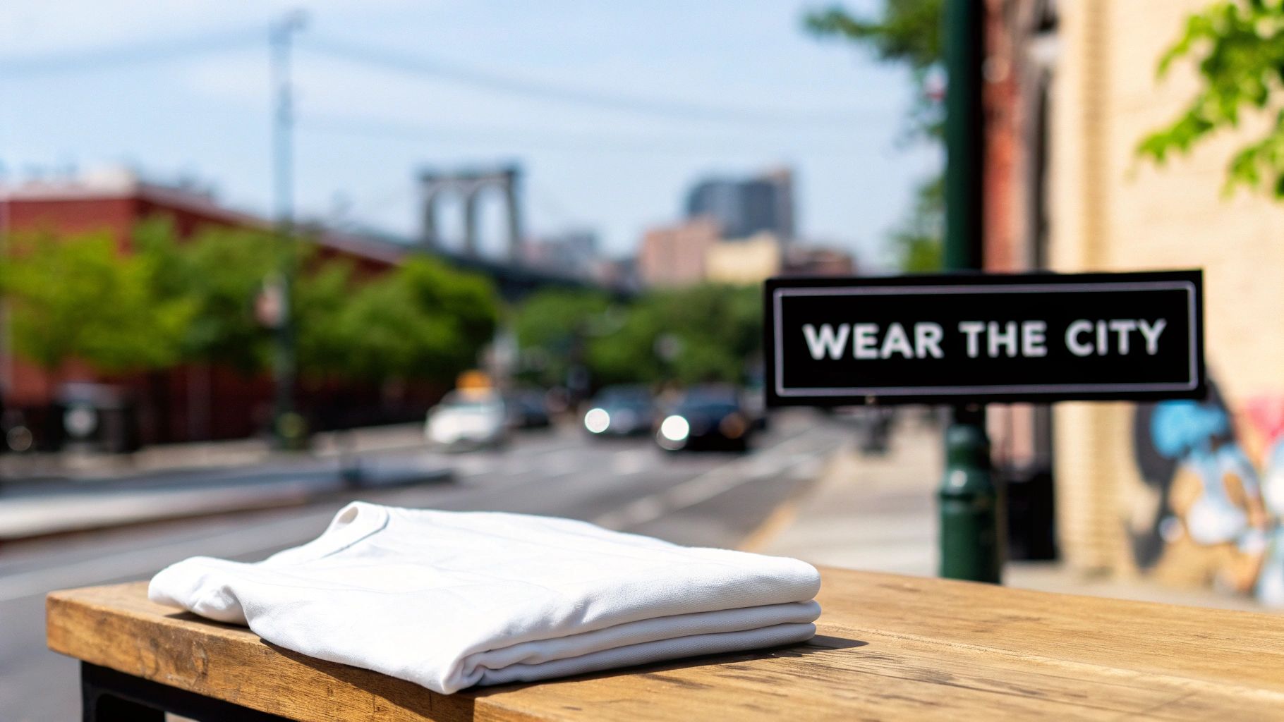 A white folded t-shirt on a wooden surface with a blurred New York City street and 'Wear The City' sign in the background.