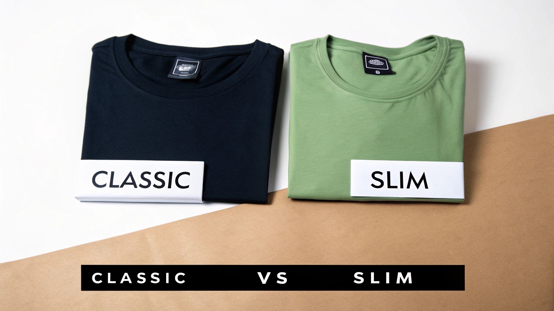 Two men wearing different fit t-shirts, showcasing the contrast between classic and slim styles