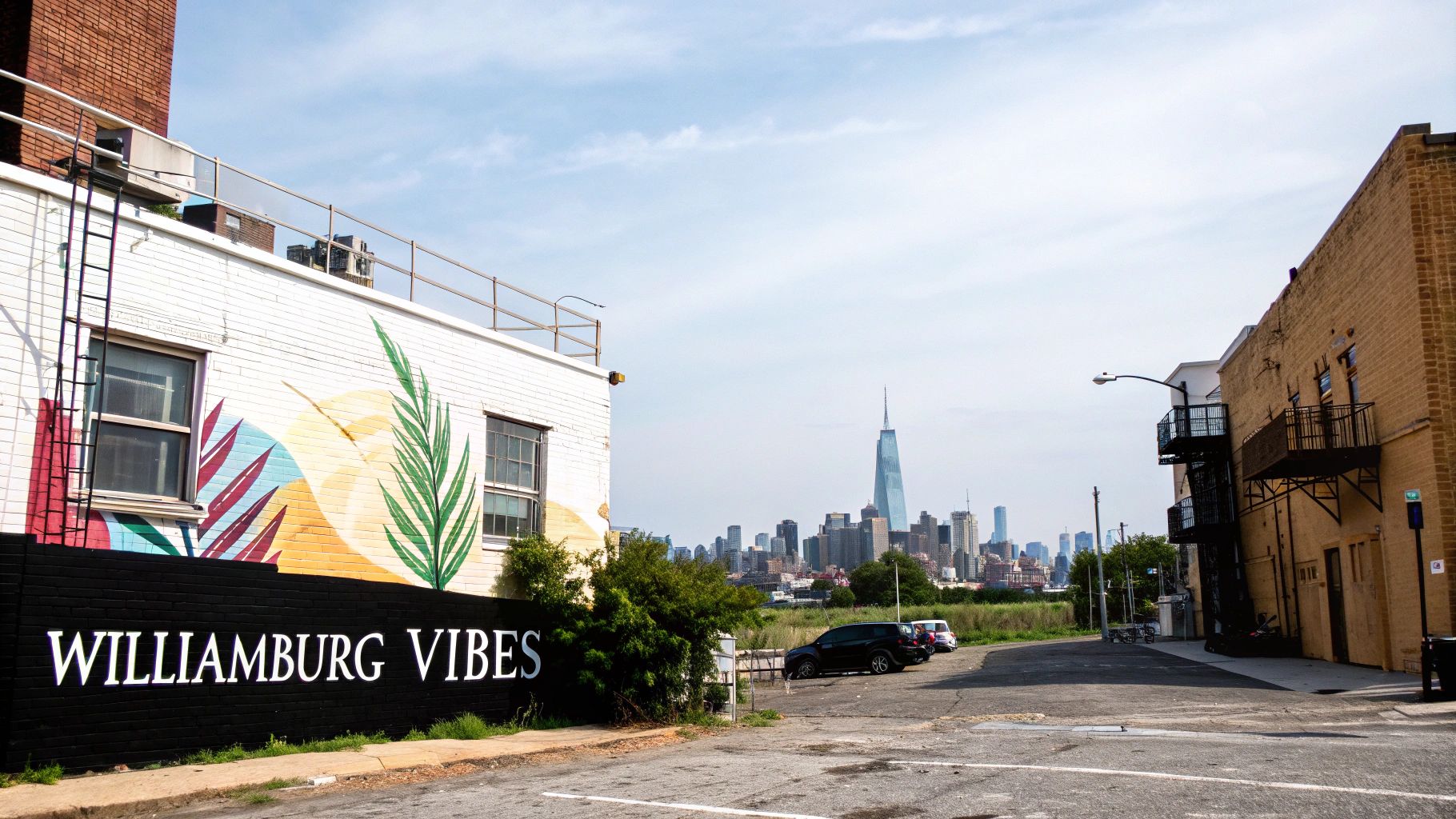 A colorful 'Williamsburg Vibes' mural on a brick building with the distant NYC skyline and Freedom Tower.
