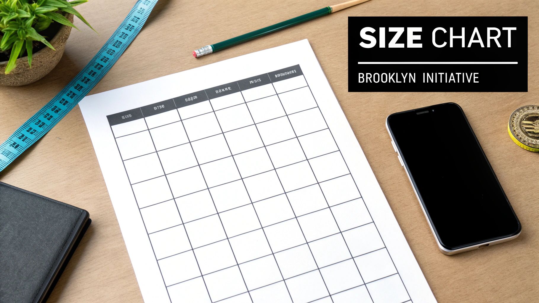 A blank size chart document on a wooden desk, surrounded by a measuring tape, smartphone, pencil, and small plant.