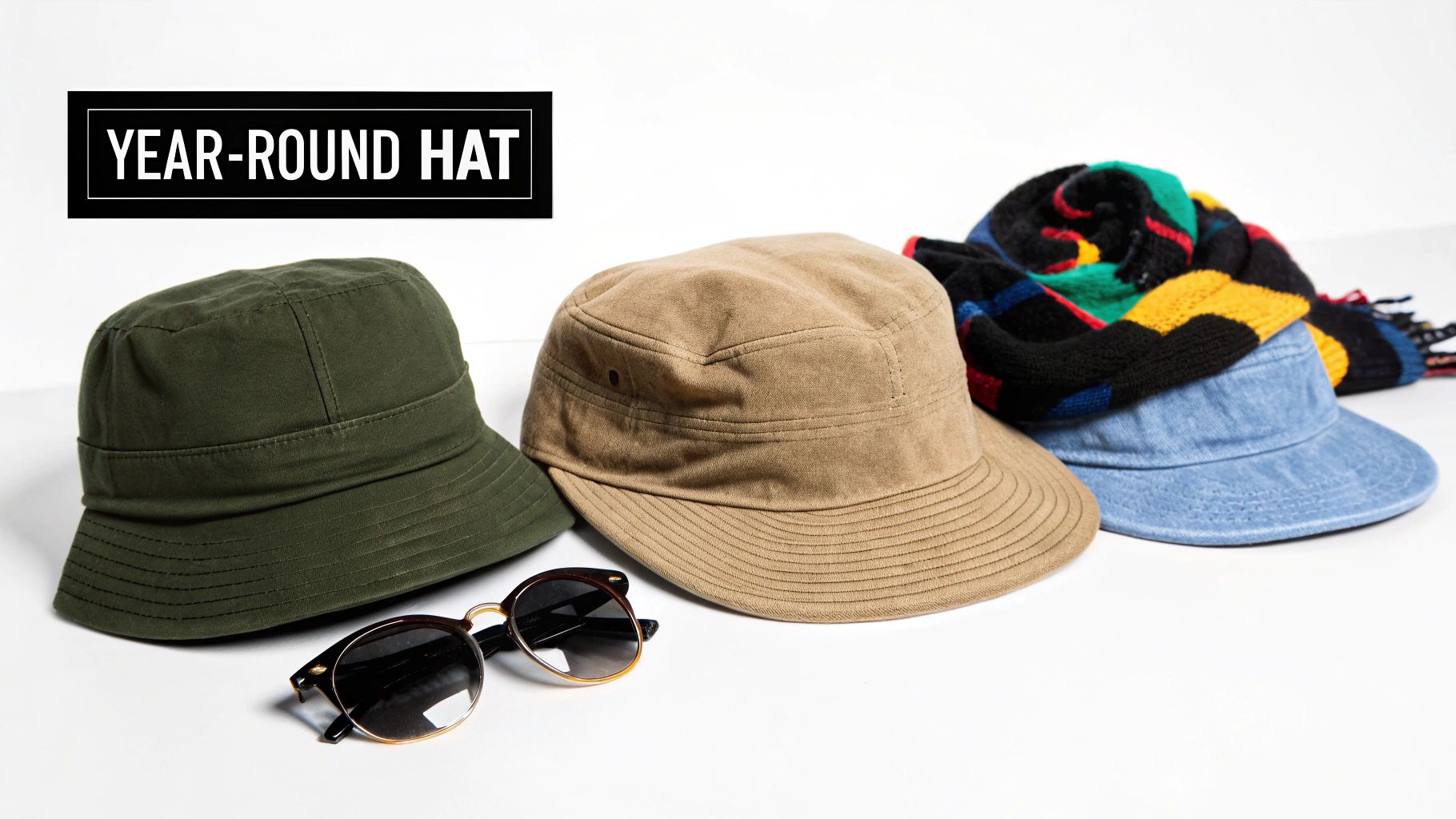 Three stylish hats, including bucket hats and a denim cap, displayed with sunglasses and a scarf.
