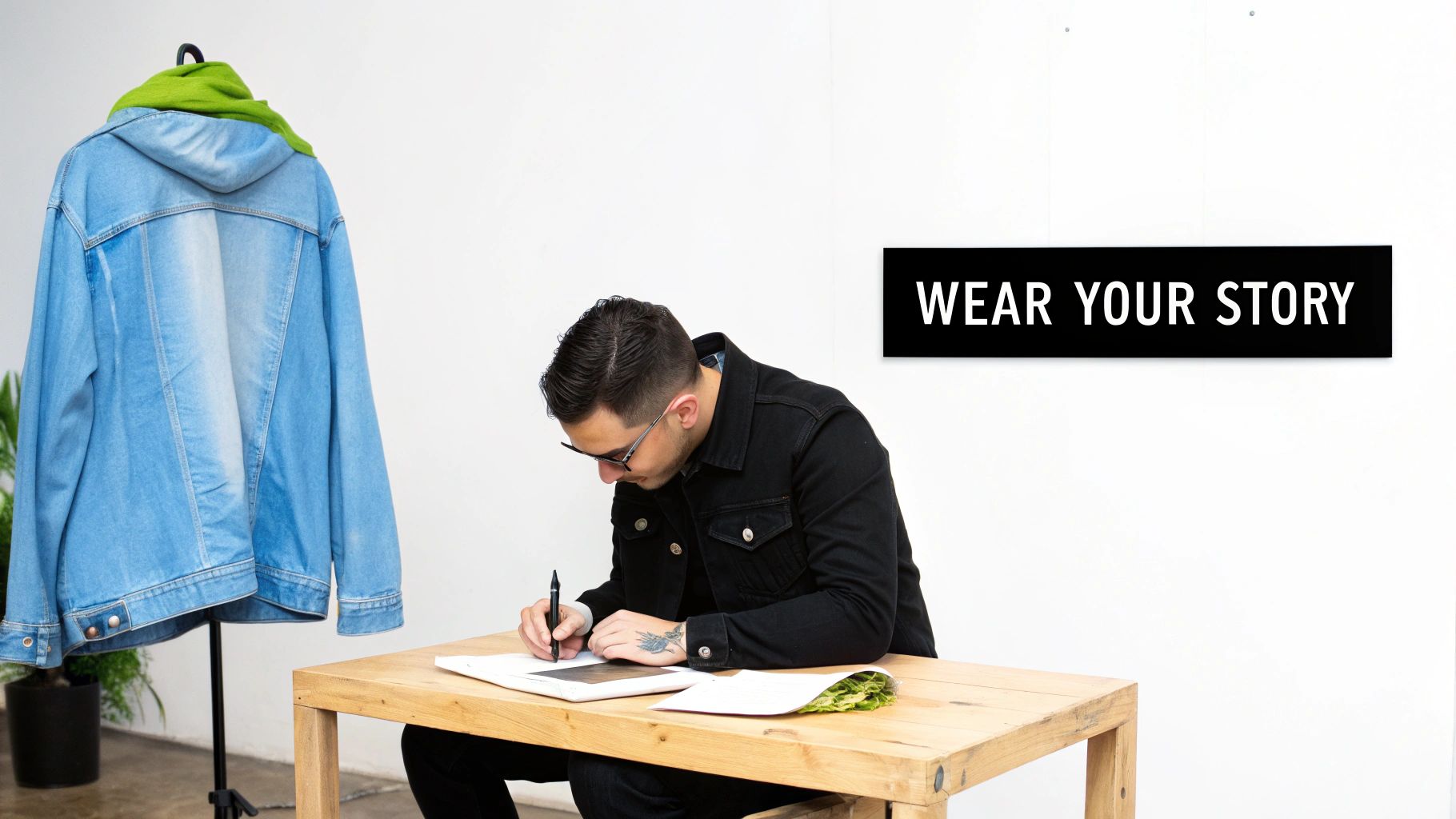 A man with glasses writes at a wooden table, with a denim jacket on a hanger and a 'Wear Your Story' sign.