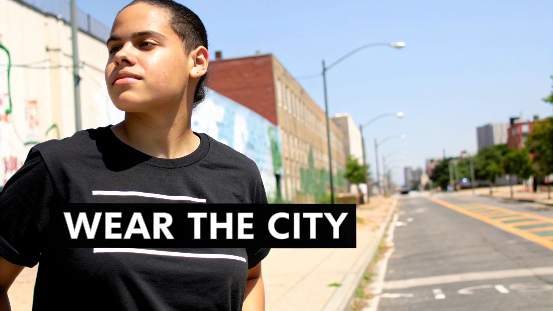 A young person in a black graphic t-shirt featuring 'WEAR THE CITY' text on an urban street.