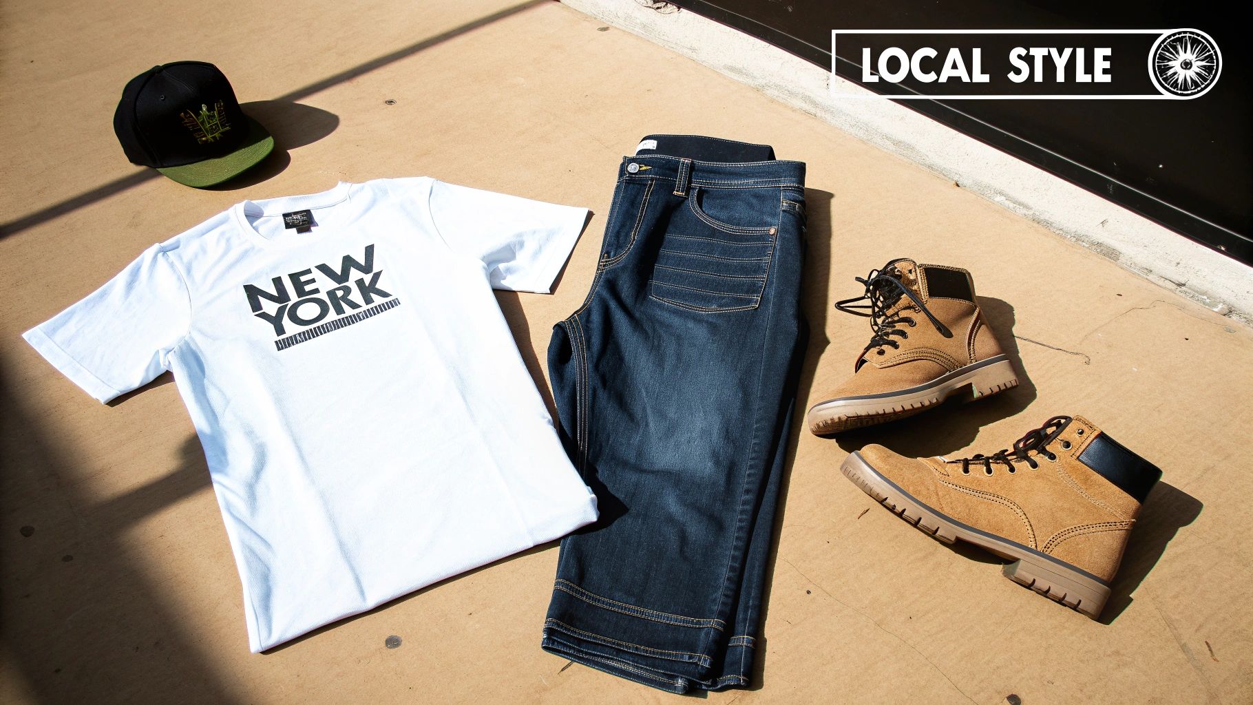 Flat lay of New York themed outfit: white t-shirt, dark jeans, cap, and tan boots.