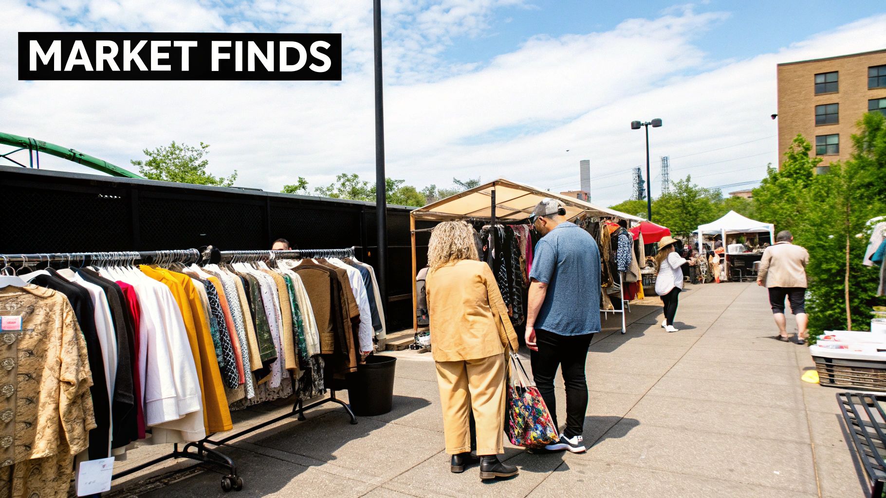 People browse racks of clothing at a vibrant outdoor market under a sunny blue sky.