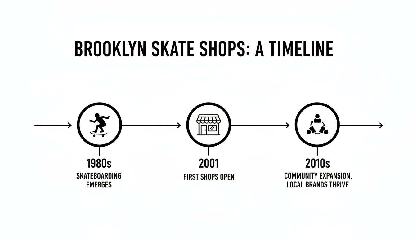 A timeline illustrating the emergence and growth of Brooklyn skate shops from the 1980s to the 2010s.