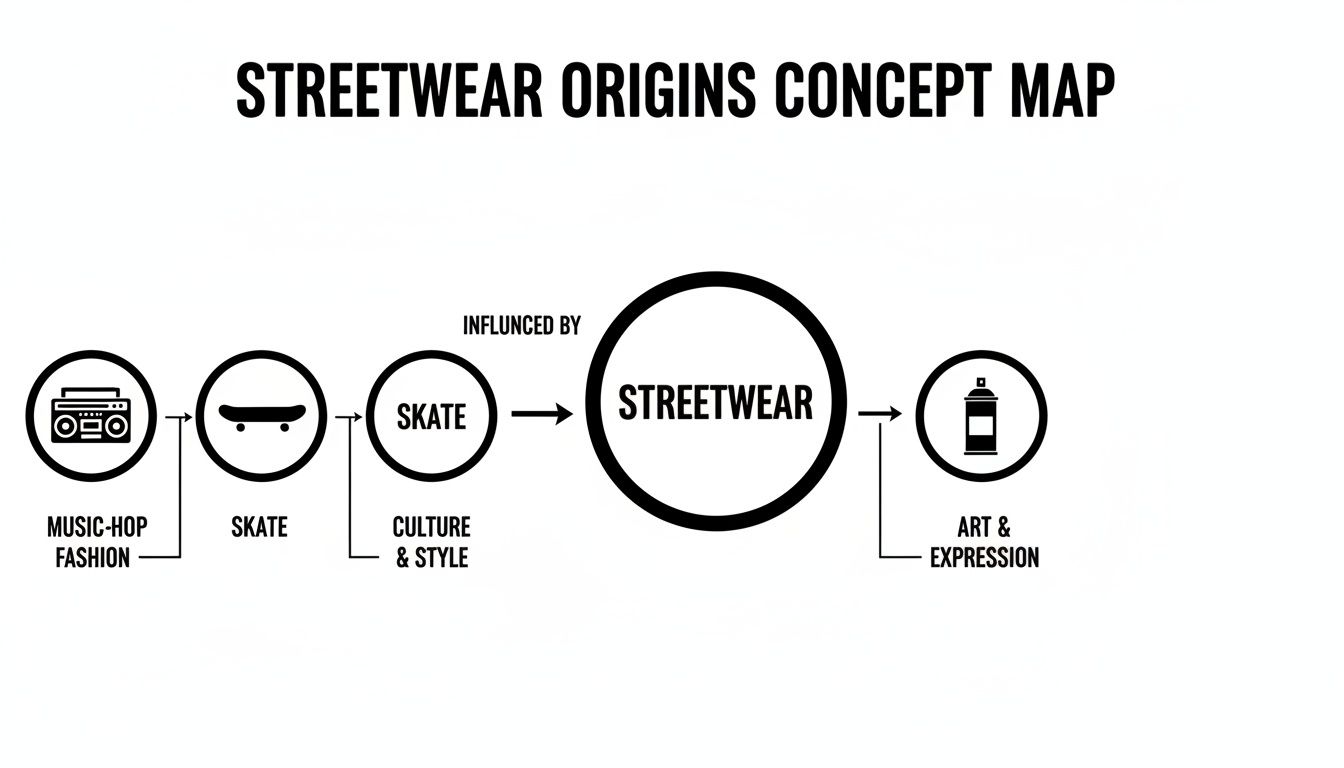 Concept map illustrating streetwear origins, influenced by music-hop fashion, skate culture, and leading to art and expression.