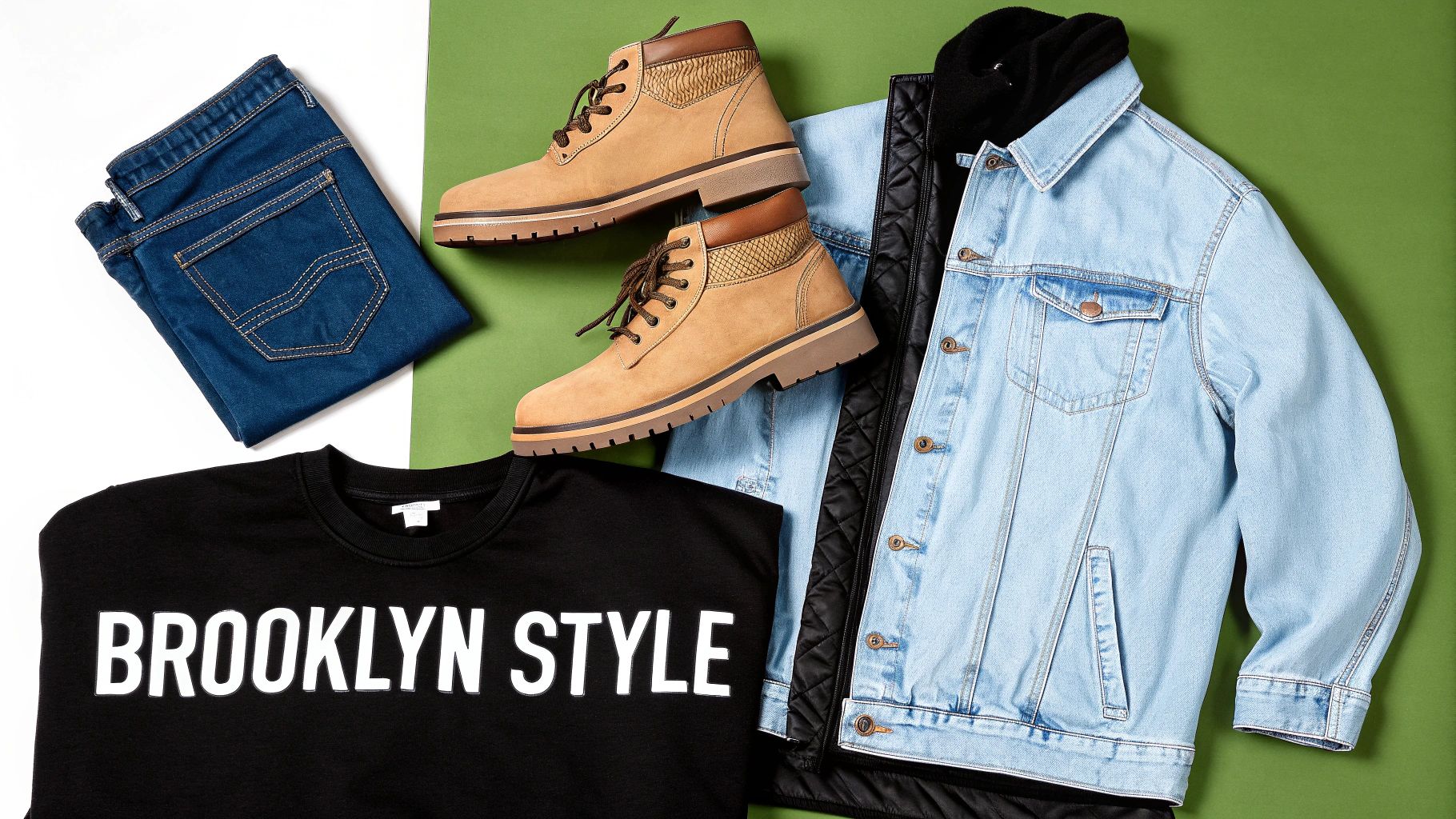 Flat lay of Brooklyn style men's fashion: blue jeans, black sweatshirt, denim jacket, and tan boots.