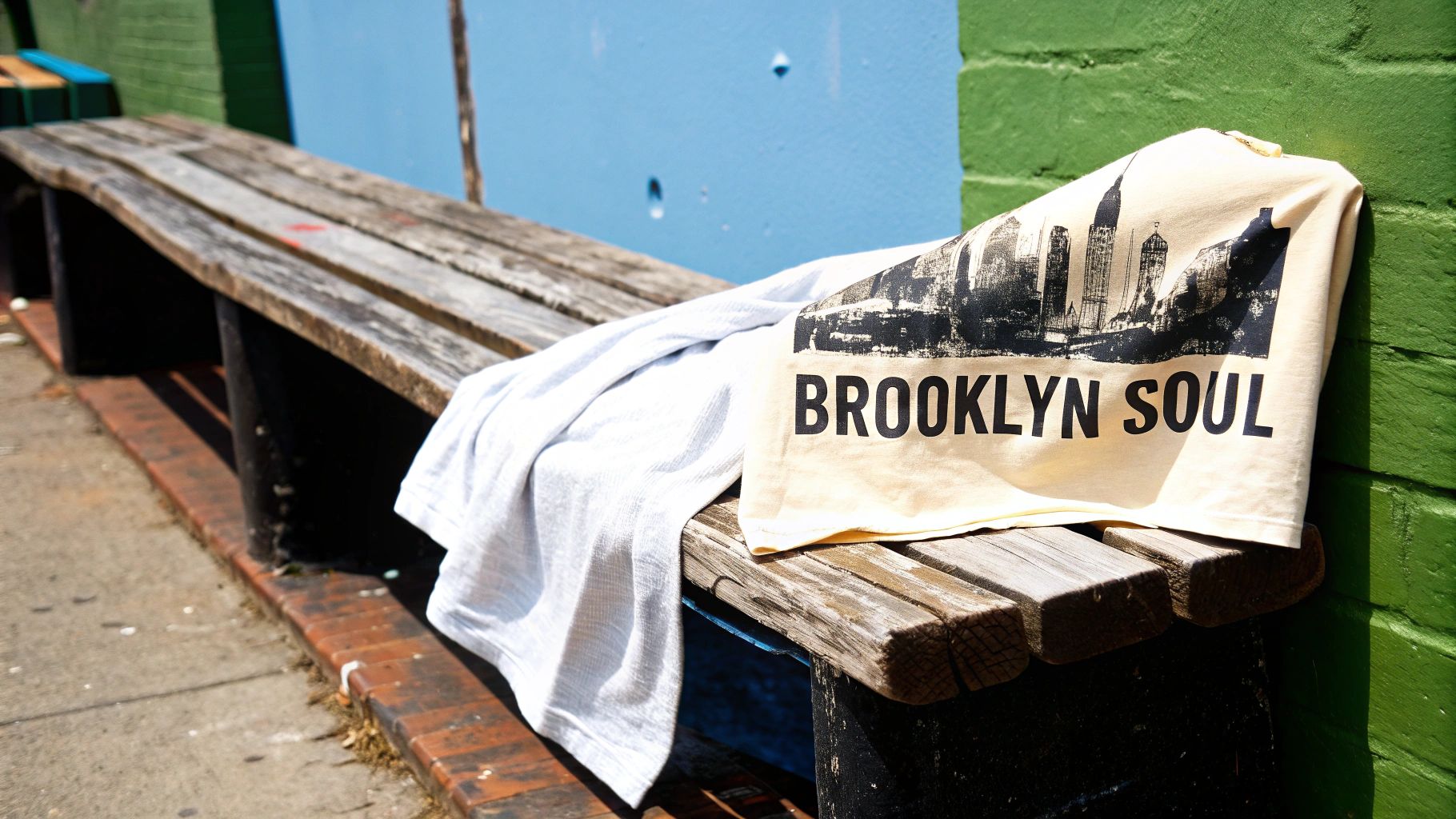A cream 'Brooklyn Soul' shirt and a grey shirt draped on a rustic wooden bench against blue and green walls.