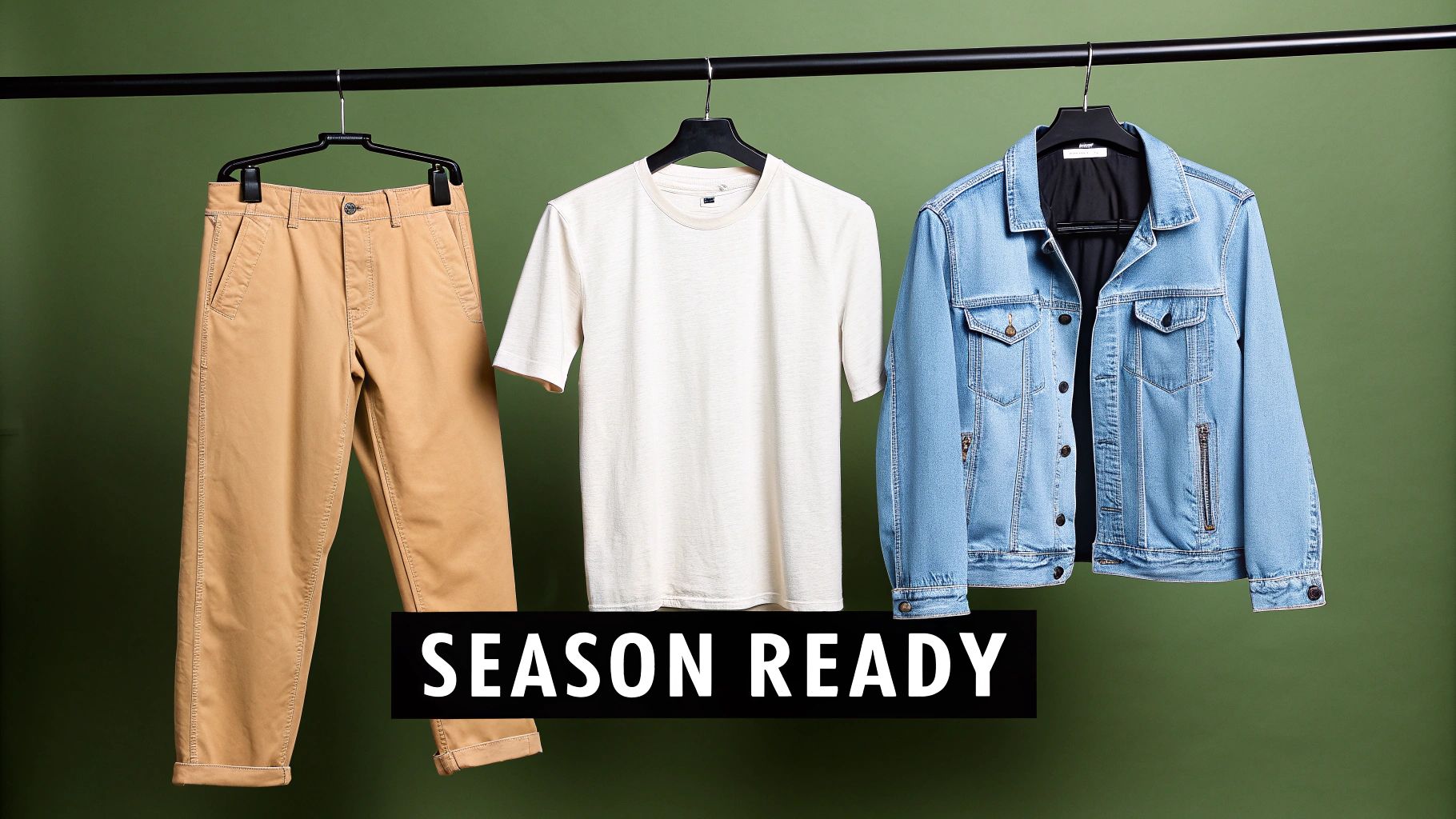 A man layering a jacket over his t-shirt and khaki pants for a seasonal look.