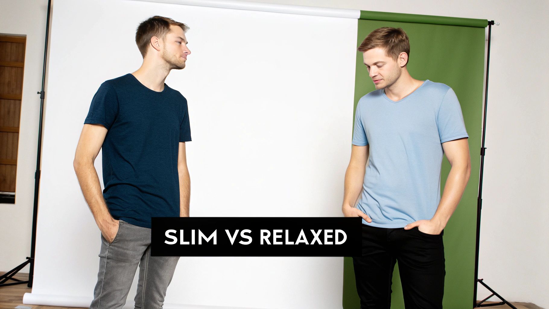Two men demonstrate slim-fit and relaxed-fit t-shirts against a studio backdrop, comparing styles.