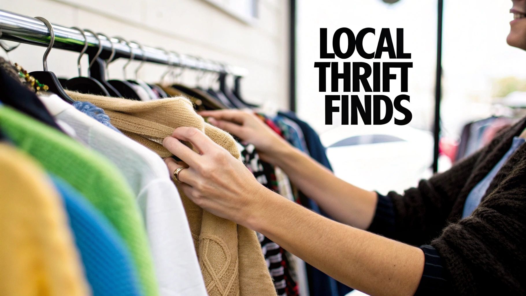 A woman browsing through racks of vintage clothing in a brightly lit store