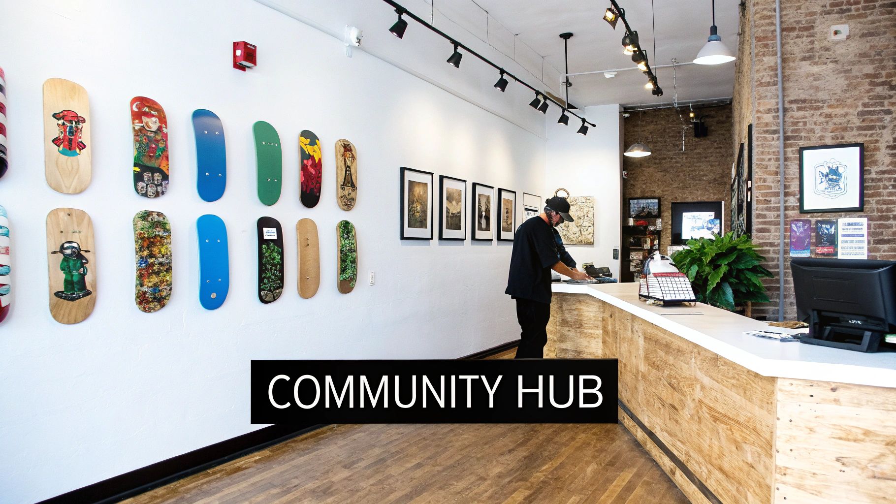 A bright skate shop interior with diverse skateboard art on display and a staff member assisting behind a counter.