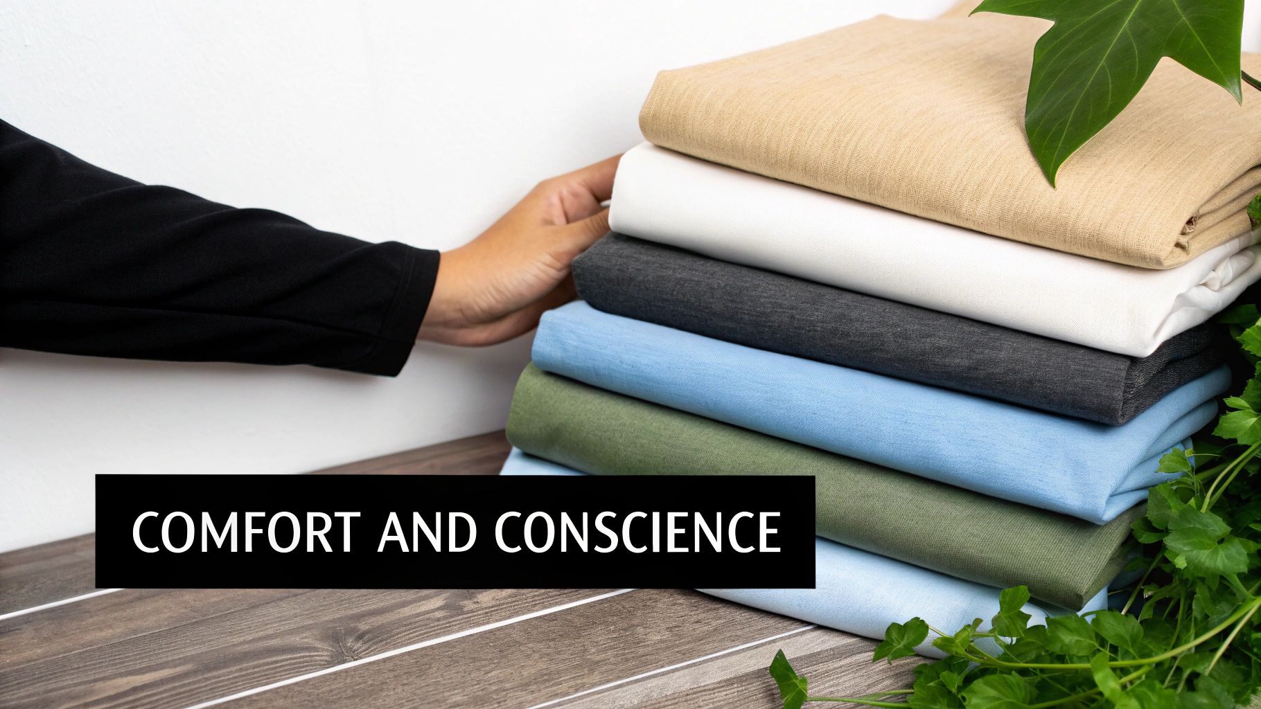 A person feeling the soft fabric of a t-shirt