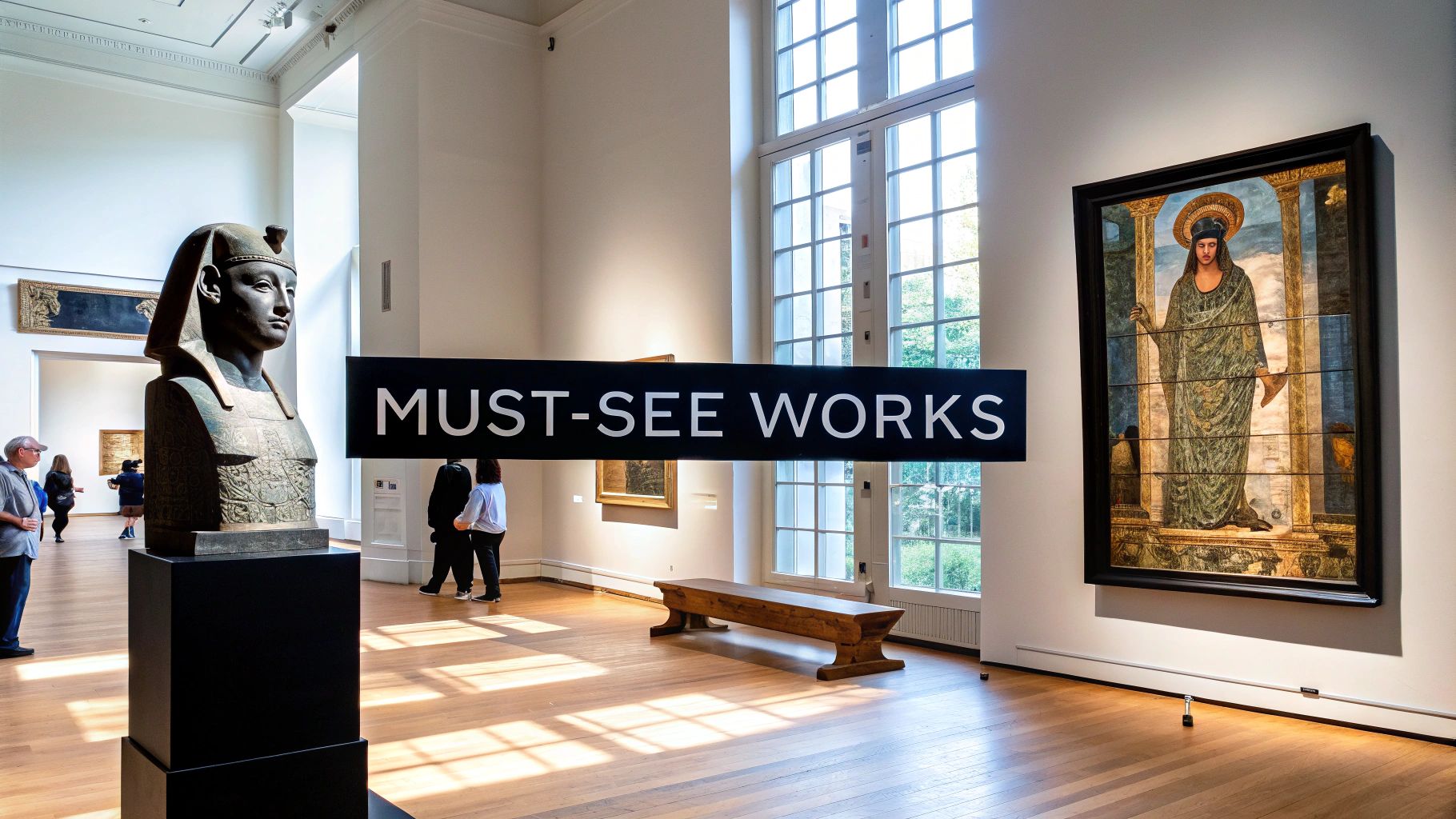 A brightly lit museum gallery features an ancient bust, a large painting, a 'MUST-SEE WORKS' banner, and visitors enjoying the exhibits.